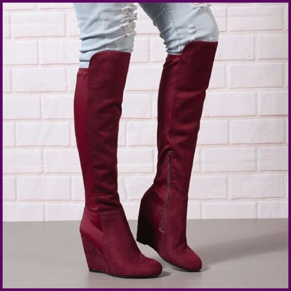 Women's Suede Wedge Heel Over the Knee Boots Stretch Fit Fashion Tall Boots - Picture 3 of 8